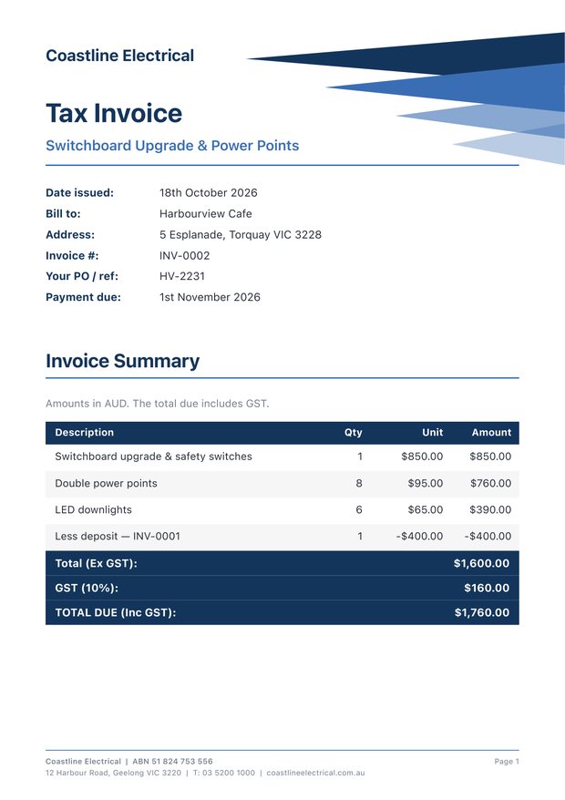 Final invoice with deposit deducted