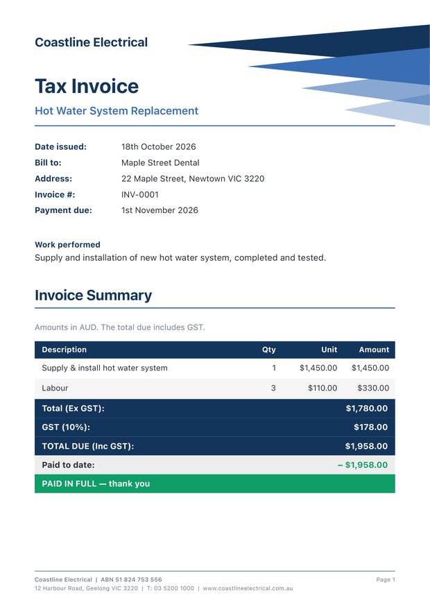 Tax invoice marked paid in full