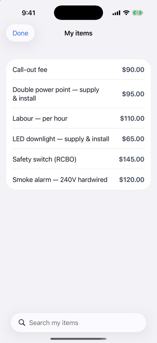 My items price list